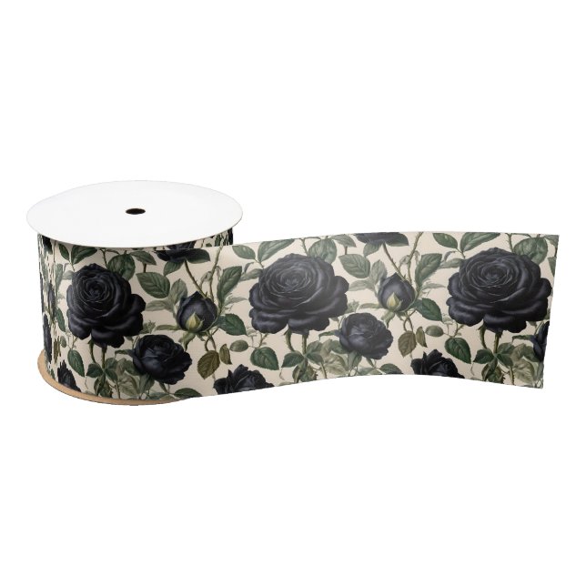 Ruban En Satin Roses Noirs Et Feuilles Verts, (Bobine)