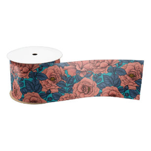 Ruban En Satin Roses roses avec feuilles bleus sur bleu