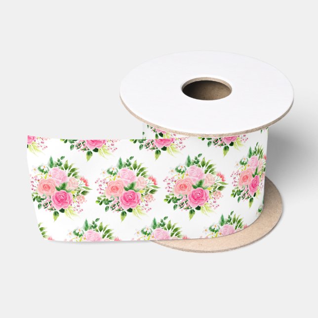 Ruban En Satin Roses roses fleurs et verdure (Bobine)