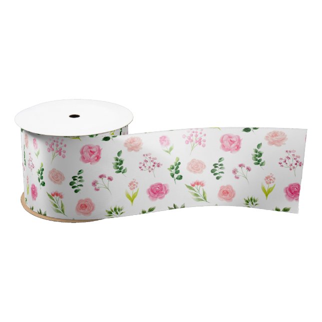 Ruban En Satin Roses roses roses avec feuillage (Bobine)