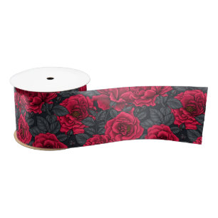 Ruban En Satin Roses rouges avec feuilles gris sur noir
