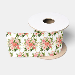 Ruban En Satin Roses rouges corail avec feuillage