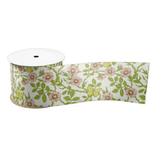 Ruban En Satin Roses sauvages et papillons /rose/vert pâle/jaune