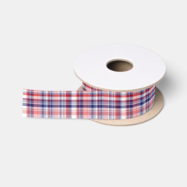 Ruban En Satin Rouge, Blanc, Bleu Preppy Madras Plaid (Bobine)