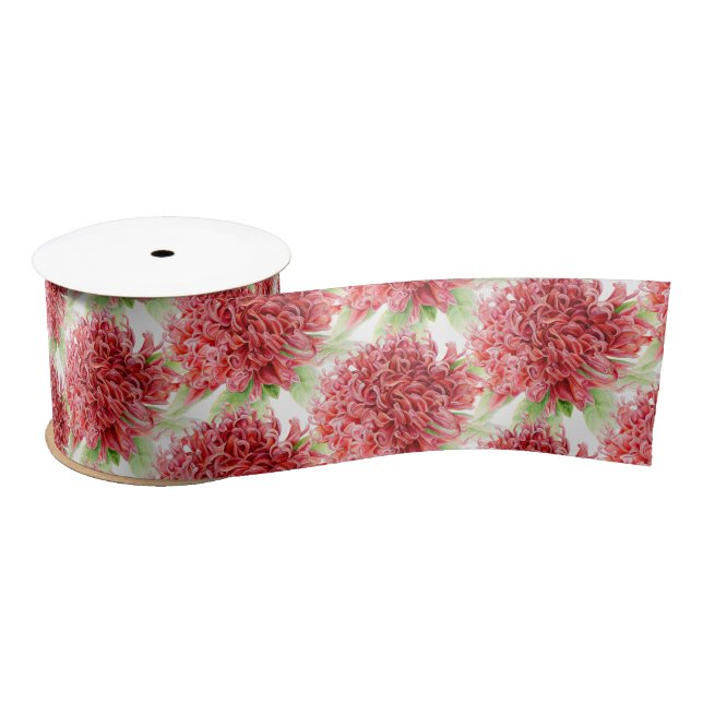 Ruban En Satin Ruban d'art floral blanc vert waratah rouge (Bobine)