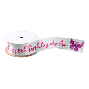Ruban En Satin Ruban de nom d'anniversaire de papillon rose