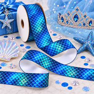 Ruban En Satin Ruban de satin à motif d'écailles de sirène bleues