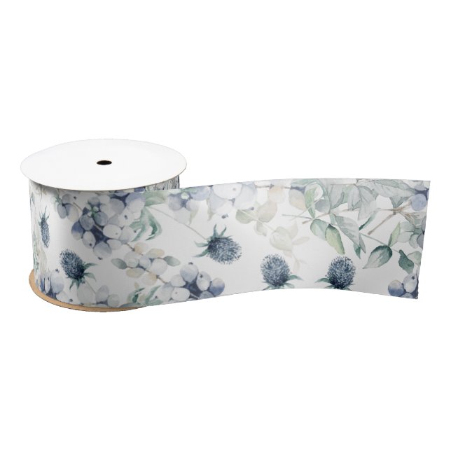 Ruban En Satin Ruban de satin floral aquarelle bleu poussiéreux (Bobine)