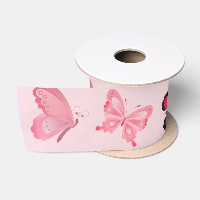 Ruban En Satin Ruban de satin Papillons roses (Bobine)