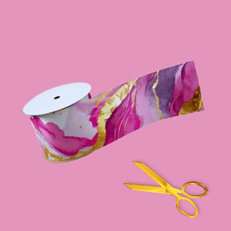 Ruban En Satin Rubans Élégants aux Tourbillons Métalliques Rose,