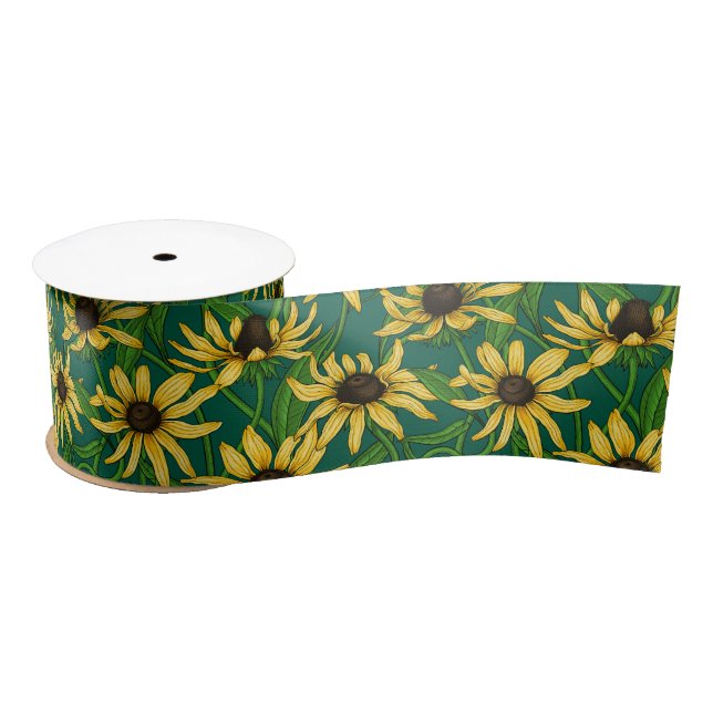 Ruban En Satin Rudbekia jaune sur vert foncé (Bobine)