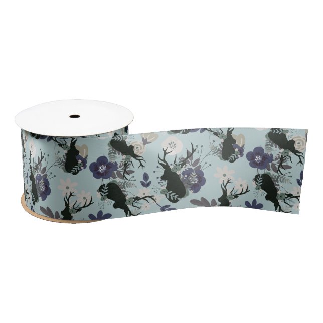 Ruban En Satin Rustic Deer Head Bleu Floral Baby shower moderne (Bobine)