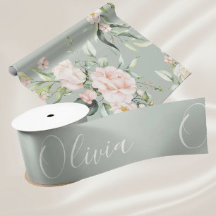Ruban En Satin Sage personnalisé Vert Élégant Nom Satin Ruban