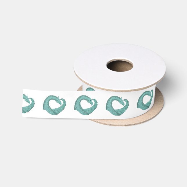 Ruban En Satin Sage vert coeur dragon sur blanc (Bobine)
