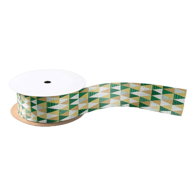 Ruban En Satin Sapins de Noël Verts et Dorés (Bobine)