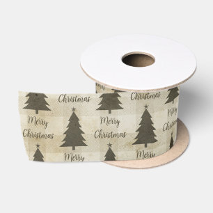 Ruban En Satin Sapins de Noël Verts Vérification Buffle Beige Rus