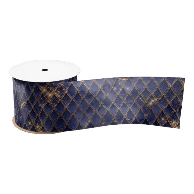 Ruban En Satin Scales de dragons bleu marine et or (Bobine)