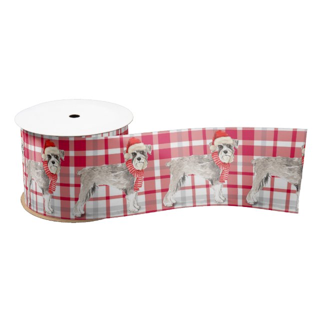 Ruban En Satin Schnauzer Chien et Red Plaid Noël (Bobine)