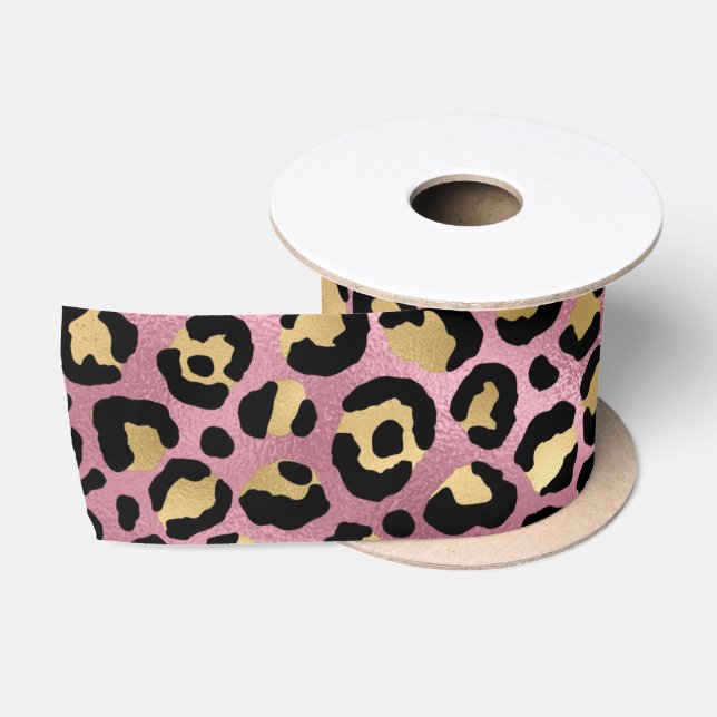 Ruban En Satin Série de design léopard rose et or 15 (Bobine)
