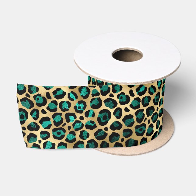 Ruban En Satin Série Teal et Or Léopard Design 14  (Bobine)