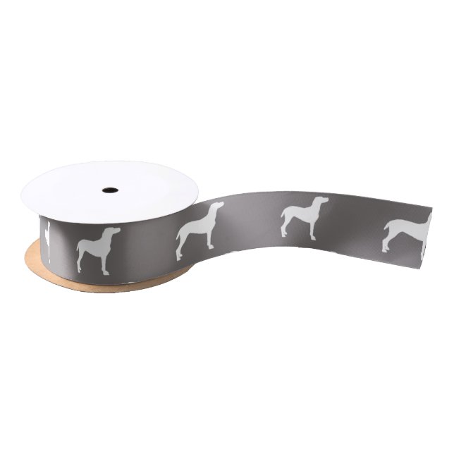 Ruban En Satin Silhouettes blanches de Weimaraner sur le gris (Bobine)