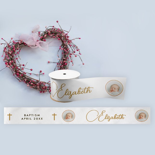 Ruban En Satin Simple Elegant White Gold Cross Photo Nom Script (Créateur téléchargé)