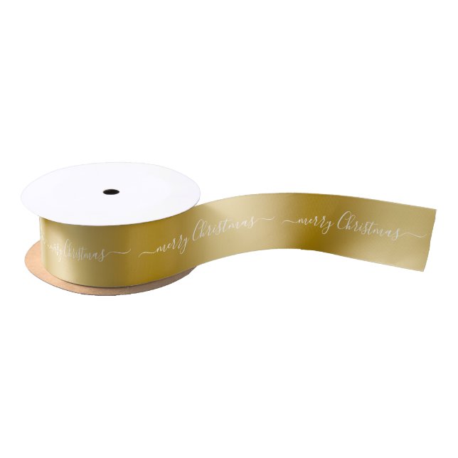Ruban En Satin Simple Gold Background Merry Christmas Whte Tex (Bobine)