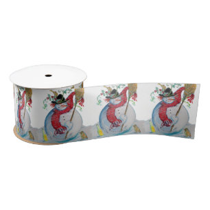 RUBAN EN SATIN SNOWMAN BLANCHI AVEC OISEAUX SALUTATIONS D'HIVER