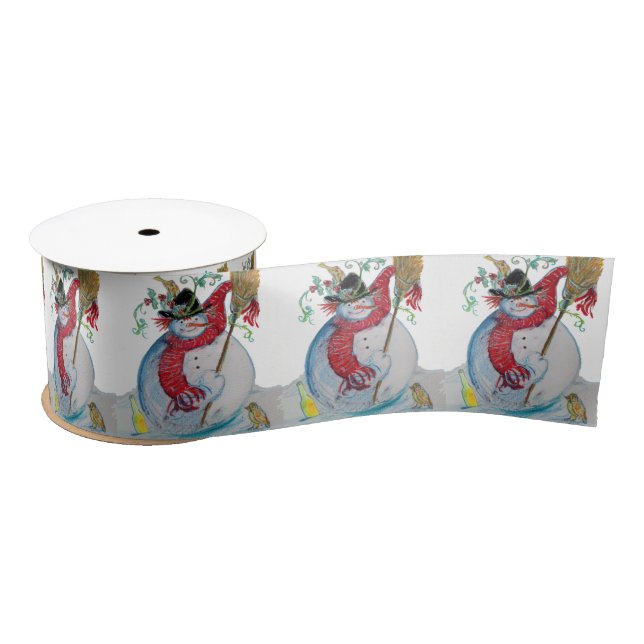 RUBAN EN SATIN SNOWMAN BLANCHI AVEC OISEAUX SALUTATIONS D'HIVER (Bobine)