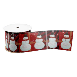 Ruban En Satin Snowman dans les flocons de neige Tartan Plaid Rib