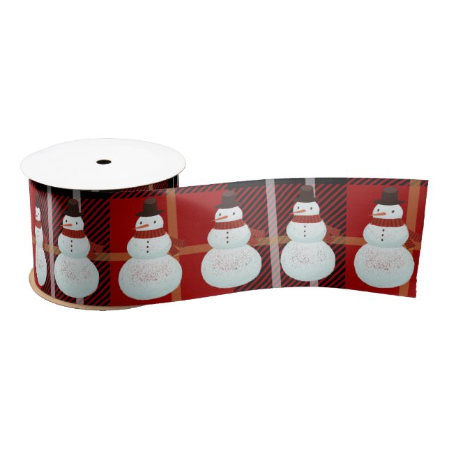 Ruban En Satin Snowman sur Tartan Plaid (Bobine)