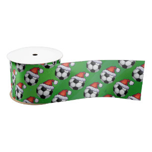 Ruban En Satin Soccer Ball Santa Hat Motif sur Vert