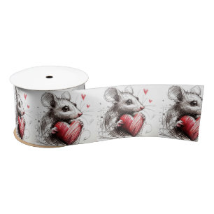 Ruban En Satin Souris avec un croquis de cœur rouge