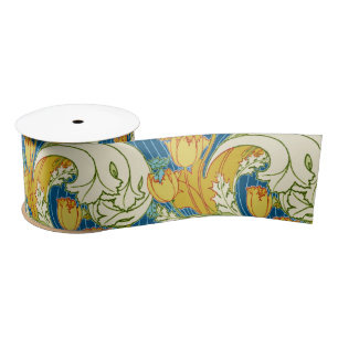 Ruban En Satin Style William Morris Tulp Tissu Floral sarcelle et