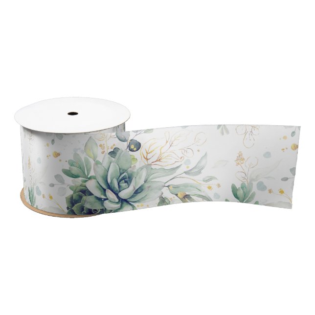 Ruban En Satin Succulentes Feuilles Dorées Élégance Botanique (Bobine)