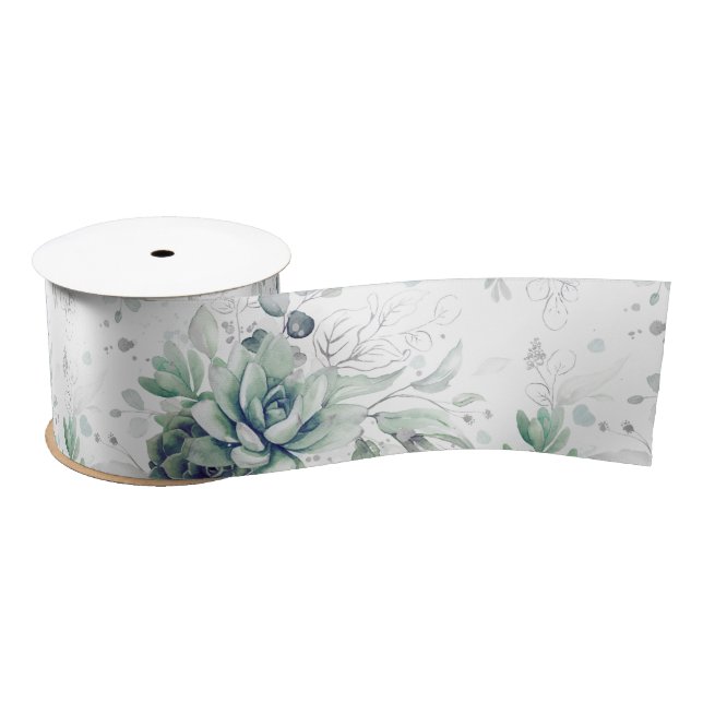 Ruban En Satin Succulents Argent vert Élégant Botanique (Bobine)