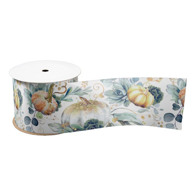 Ruban En Satin Succulents Citrouilles de verdure et d'or (Bobine)