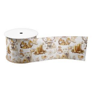 Ruban En Satin Symboles de Noël or et blanc