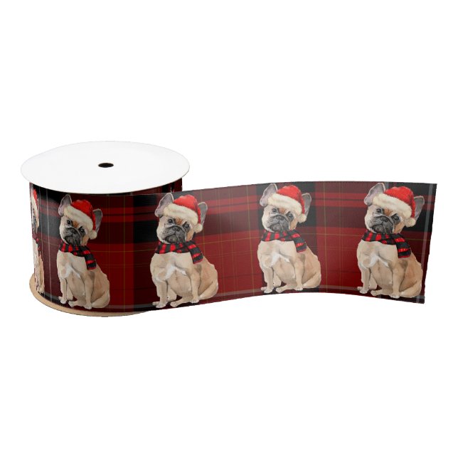Ruban En Satin Tan Frenchie Chien et Red Plaid Noël (Bobine)