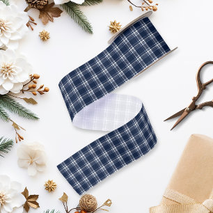 Ruban En Satin Tartan à carreaux bleu marine de Noël