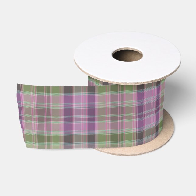 Ruban En Satin Tartan classique vert et lilas. (Bobine)