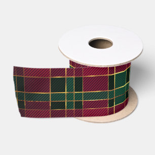 Ruban En Satin Tartan Rouge & Vert Noël Hiver & Feuille d'Or