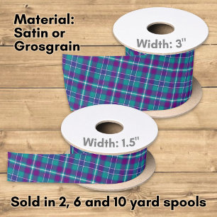 Ruban En Satin Tartan Vert de Mer, Violet et Bleu