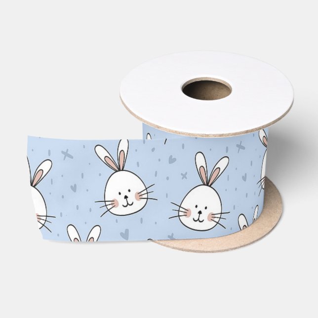 Ruban En Satin Têtes de lapin blanc sur bleu (Bobine)