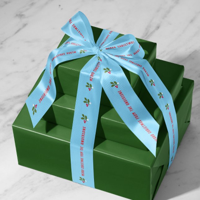 Ruban En Satin Texte personnalisé bleu avec Holiday Holly Sprigs (blue personalized Christmas text and name holiday gift ribbon with holly leaf and berries)