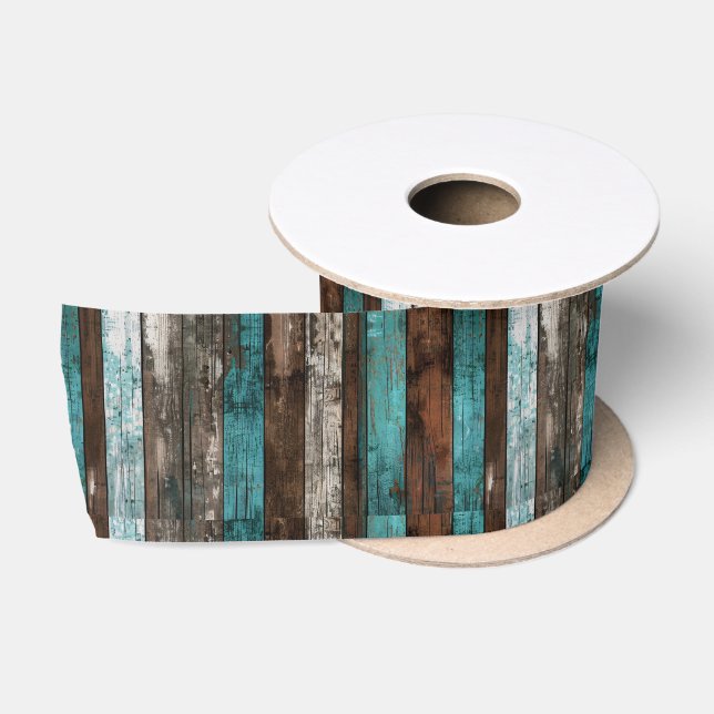 Ruban En Satin Texture de bois rustique planches sarcelle et marr (Bobine)