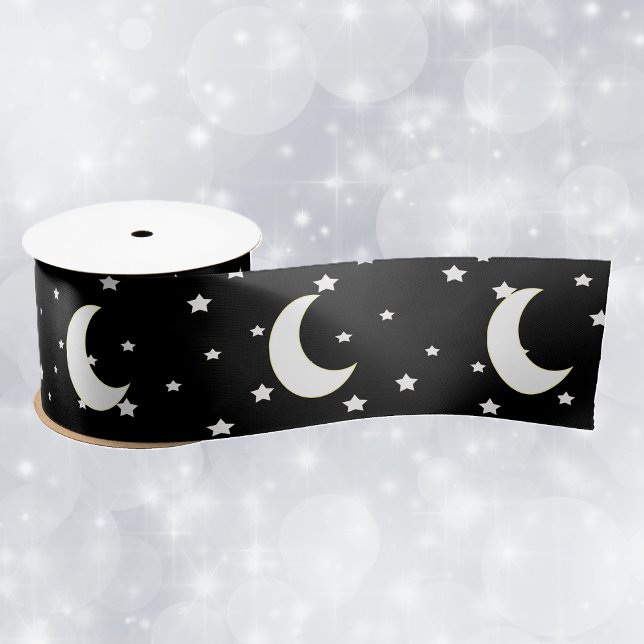 Ruban En Satin Thème céleste Crescent Lune étoiles sur noir (White crescent moons and white stars on black celestial theme gift wrap ribbon.)