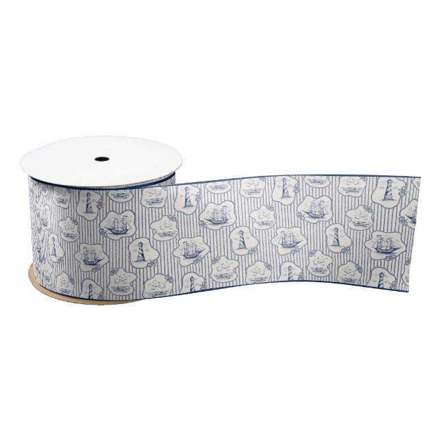Ruban En Satin  Thème marin Bleu Bleu Blancs Phare   (Bobine)