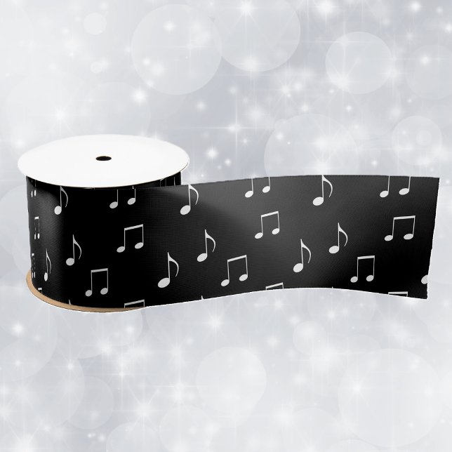 Ruban En Satin Thème musical Noir Blanc Divers Notes musicales (Musical themed gift or decorative ribbon in black and white with various music notes.)