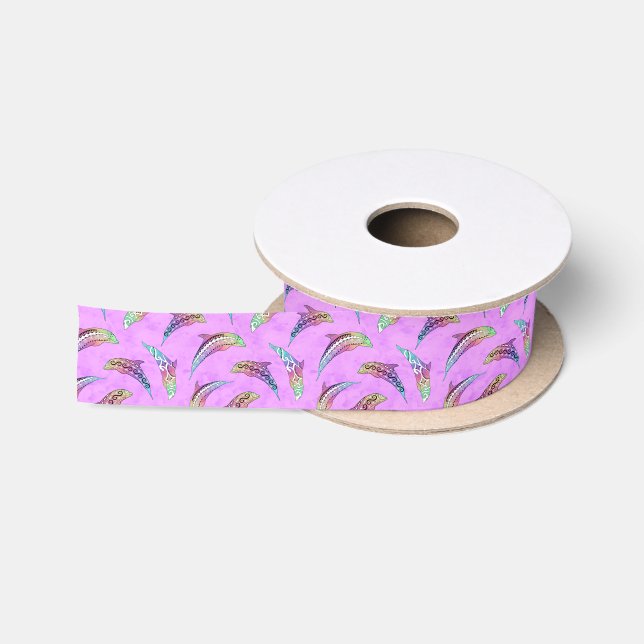 Ruban En Satin Tie Dye Animaux marins roses Dolphins Marlins (Bobine)